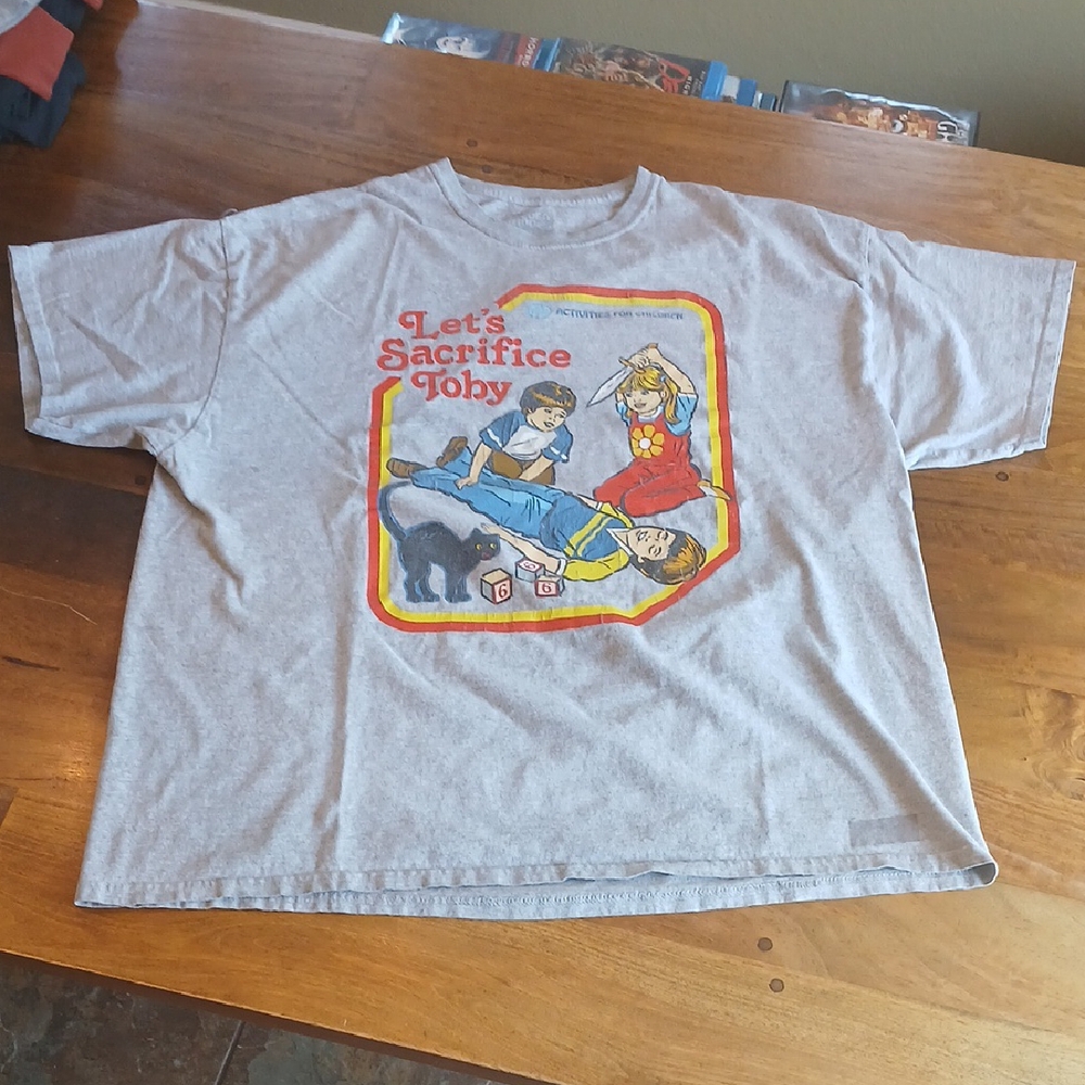 Steven Rhodes Let's Sacrifice Toby Short Sleeve Tee, Tiny Stain, Missing Patch
